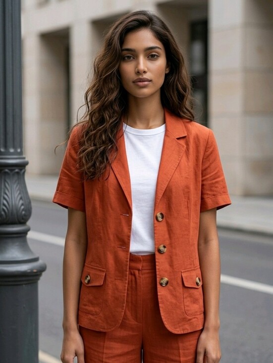 East 5th Jackets & Blazers - Rust Orange Linen Blazer Short Sleeve Jacket Lightweight Layer Large Career Chic